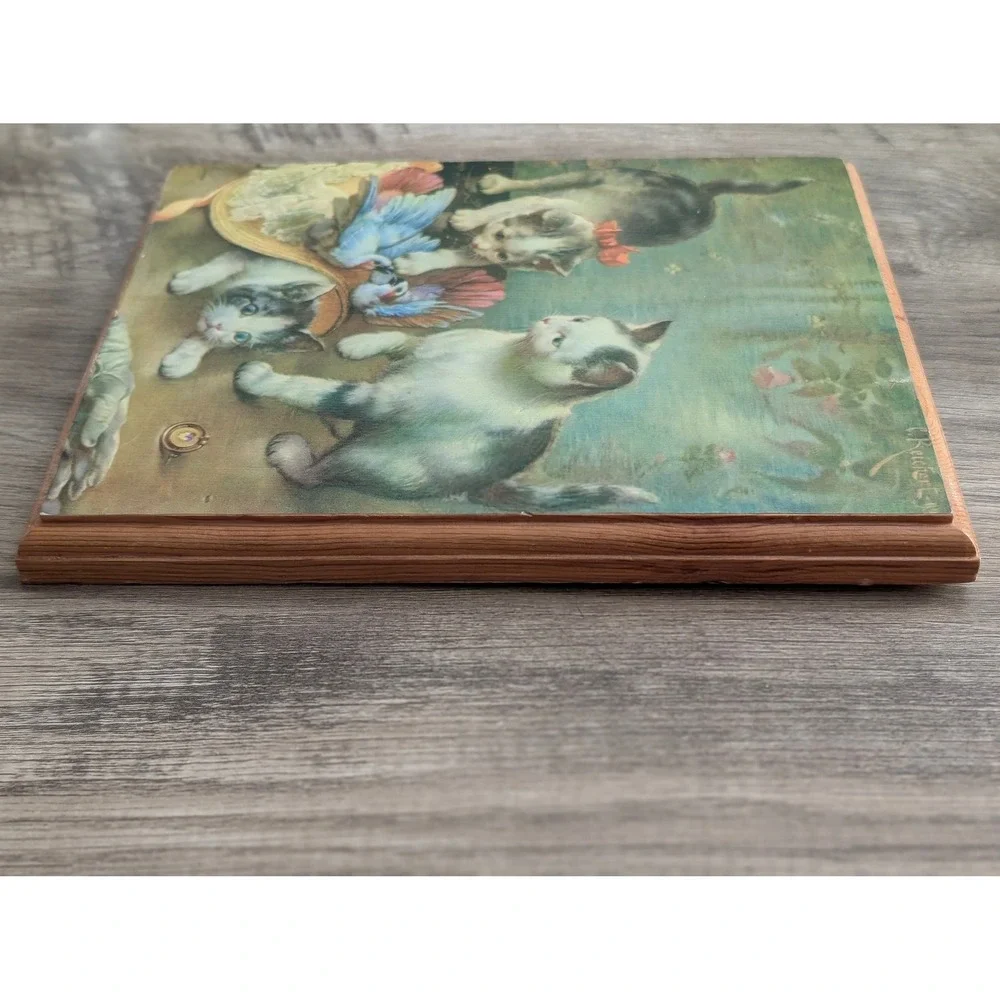 Vintage C Reichert Kittens and Birds Wood Plaque Wall Art 1976 Decoupage